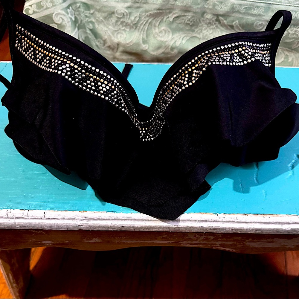 Pink Black Beaded Bathing Suit Top